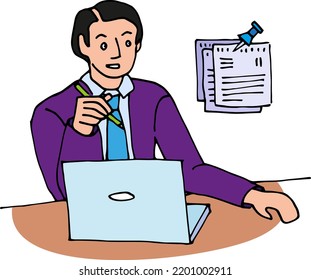 Office, Manager's Work At A Laptop. Stylized Man In A Suit, Office Life Vector Illustration