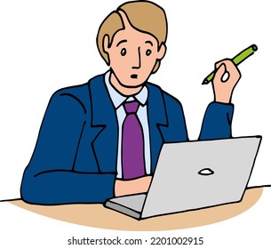 Office, Manager's Work At A Laptop. Stylized Man In A Suit, Office Life Vector Illustration