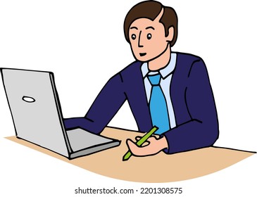 Office, Manager's Work At A Laptop. Stylized Man In A Suit, Office Life Vector Illustration