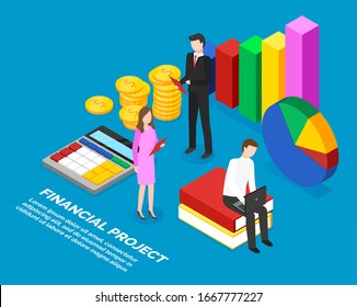 Office managers work on financial project. Man stand near statistics chart and coins. People talk about finance plan on appointment. Financier provide investments to companies. Vector, isometric