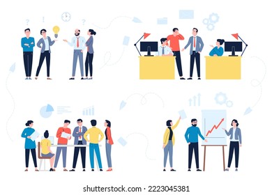 Office managers workflow concept. Business people corporate group find solutions, working network process. Cartoon flat businessmen recent work together vector scenes