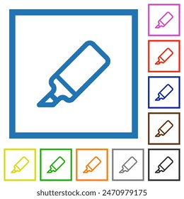 Office marker outline flat color icons in square frames on white background