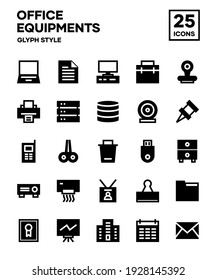 Icono de material de Office establecido en estilo de glifo. Incluyendo computadoras, laptops, impresoras, aire acondicionado, consolas y herramientas de oficina. Vector de trazo editable