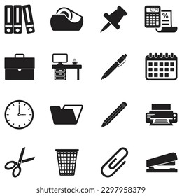 Office Material Icons. Black Flat Design. Vector Illustration.