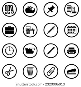 Office Material Icons. Black Flat Design In Circle. Vector Illustration.