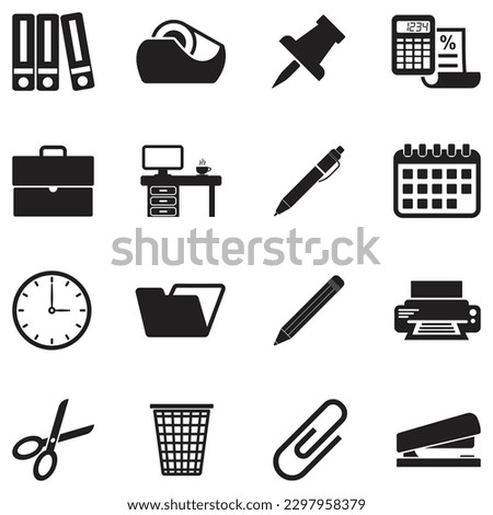 Office Material Icons. Black Flat Design. Vector Illustration.