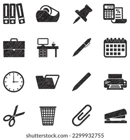 Iconos de material de oficina. Diseño de esgrima negra. Ilustración vectorial.