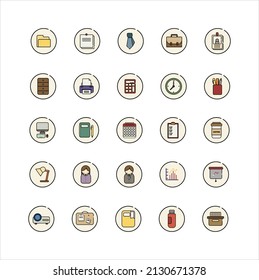 Office material icons set, Business office and supplies elements icons. computer, calculator, clipboard, graph, businesspeople, printer, stationery. Vector, illustration