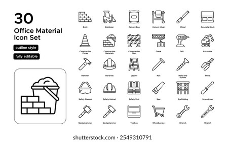 Office Material Line Icon Set: Administrative Supplies, Paperwork, and Office Essentials for Construction Projects