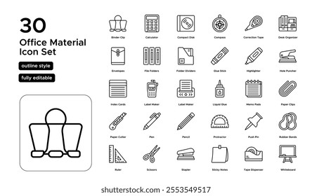 Office Material Line Icon Set: Paper Products, Writing Instruments, and Administrative Supplies Icons