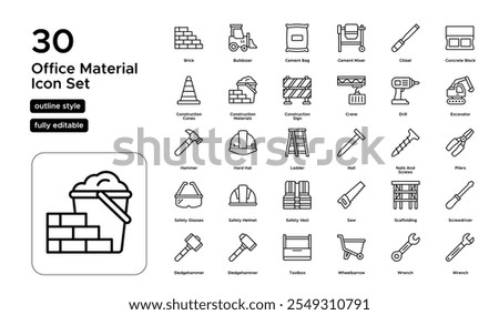 Office Material Line Icon Set: Administrative Supplies, Paperwork, and Office Essentials for Construction Projects