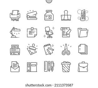 Office material. Shredder, stapler, ink, notebook, scissors and other. Pixel Perfect Vector Thin Line Icons. Simple Minimal Pictogram