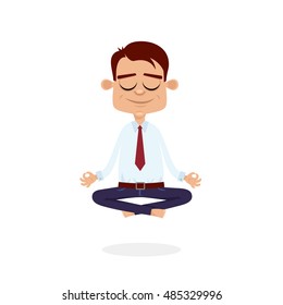 Office meditation. Businessman sitting in yoga lotus pose, relax and hovering in the air. Vector cartoon flat character on white background.