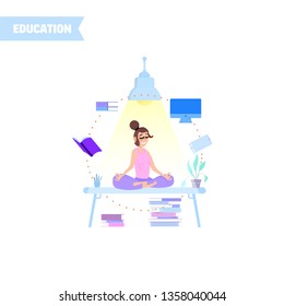 Office meditation Manager on the table, studying online, flat character.