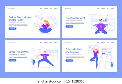 Office meditation and relaxing. Business characters relaxing at work, people in office practice yoga poses, no stress landing page vector templates. Stress free work and happiness banner layout