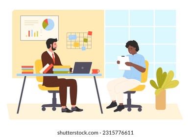 Office meeting between boss and employee for conversation or interview vector illustration. Cartoon confident manager sitting at desk with laptop, young nervous recruit holding business document