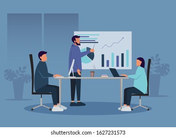 Office meeting. Business meeting. Flat people at a presentation conference. Businessman in project strategy infographic. Vector concept of group seminars.