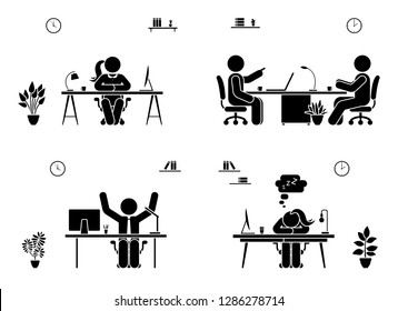 Office meeting business men icon set. Happy, tired, talking, sitting stick figure pictogram