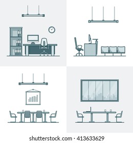 Office Meeting Conference Room Cabinet Table Chair Interior Indoor Set. Linear Stroke Outline Flat Style Vector Icons. Monochrome Icon Collection.