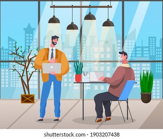 Office meeting and consideration of working affairs. Office workers men discussing project. Businessmen dressed in formal clothes siting at a table with laptop, standing in room and talking in evening