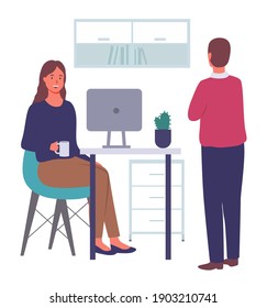 Office meeting and consideration of working affairs. Women office worker communicating at workspace. Businesswoman dressed formally standing in room and talking to girl sitting at table with laptop