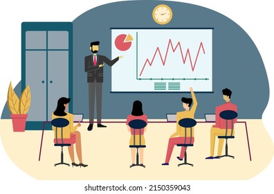 office meeting flat vector illustration. a boss and his employee doing discussion in an office concept for presentation, poster, or business design element.
