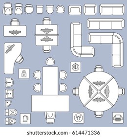 Office meeting furnitures, architecture plan vector line icons. Furniture office table and chair, illustration of interior design office
