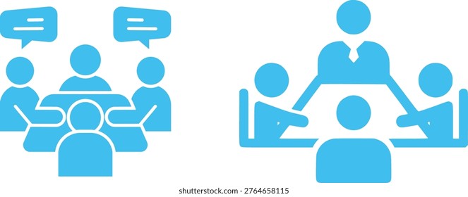 Office meeting icon set collection group with business teamwork discussion presentation conference communication planning corporate workspace professional collaboration strategy vector design.