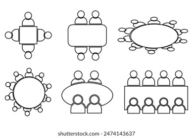 Office meeting icon, silhouette, vector. Table Seating Arrangement line Icons, vector, for an Event. Business people silhouettes, vector. Chair around the table icon, symbol. Vector illustration