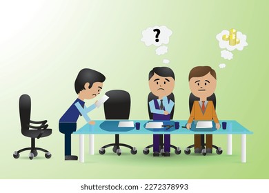 
office meeting illustration, Business man teacher gives employees people lecture or presentation in the board room. Boss showing diagram pointing at the whiteboard, office presentation.