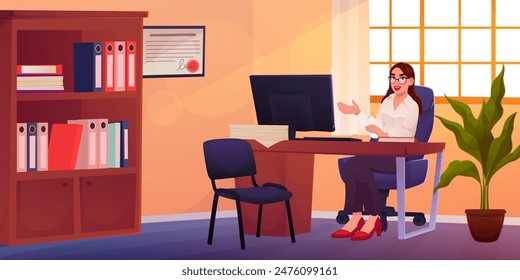 Office meeting. Principal school room. Executive woman working at computer desk. Workplace background. Staff workspace. Cartoon businessman job. Cabinet for business folders. Vector interior furniture