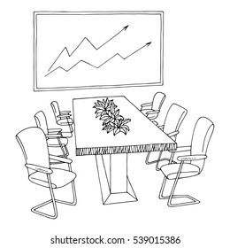Office meeting room black white graphic interior sketch illustration vector