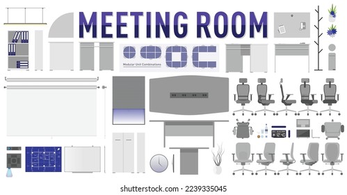 Office Meeting Room Furniture and Accessories Set with Plan and Side Elevation Views 