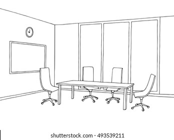 Office meeting room interior black white graphic art sketch illustration vector