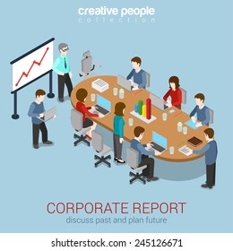 Office meeting room report business collaboration teamwork brainstorming flat 3d web isometric infographic concept vector. Staff around table working with laptop tablet. Creative people collection.