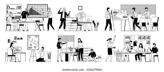 Office meeting scenes set in line art style. Businessmen at appointment, workers talking to each other and brainstorming, communicating business people. Group of working employees analyze statistics