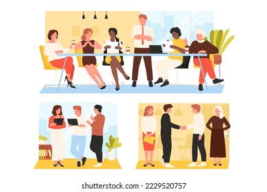 Ilustración vectorial de conjunto de reuniones de Office. Empresarios de caricaturas y líderes discuten sobre el inicio y el trabajo en el escritorio juntos, una lluvia de ideas sobre el proyecto de sus colegas, el acuerdo de contrato y el apretón de manos de socios