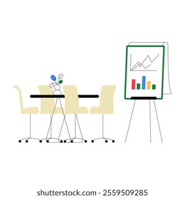 Office Meeting Table With Chairs And Graph Chart In Flat Vector Illustration Symbolizing Business, Teamwork, And Presentation, Isolated On White Background