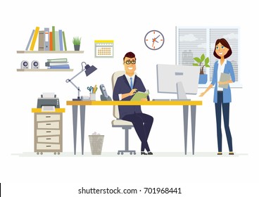 Office Meeting - vector illustration of a business situation. Cartoon people characters of young female, male colleagues, partners discussing work. Manager, supervisor, secretary, subordinate talking
