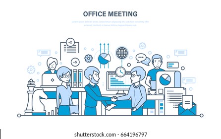 Office meeting, workflow space, teamwork, partnership, exchange of information, communications. Illustration thin line design of vector doodles, infographics elements.