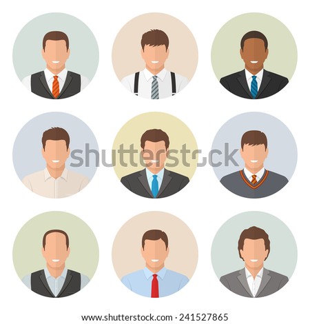 Office men set of round avatars. Handsome and resolute business guys in office suits. Vector illustration.