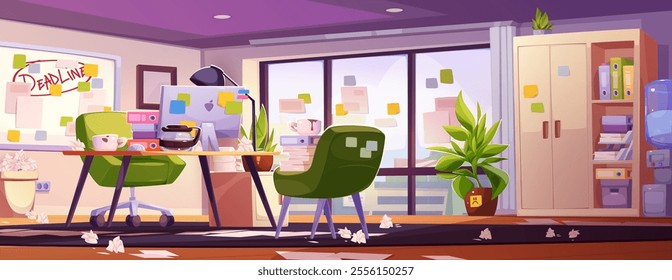 Office mess before project deadline. Vector cartoon illustration of messy room with paper piles on floor and desk, full waste bin, sticky notes on computer, window and furniture, modern cityscape view