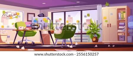 Office mess before project deadline. Vector cartoon illustration of messy room with paper piles on floor and desk, full waste bin, sticky notes on computer, window and furniture, modern cityscape view