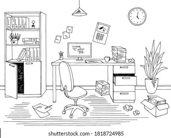 Office mess graphic black white interior sketch illustration vector