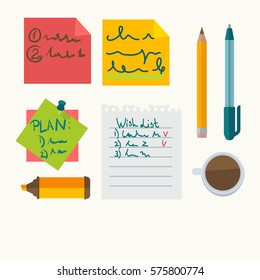 Office message notes with pins on manager work place desk. Vector isolated stationery icons