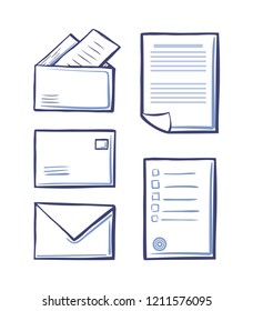 Office messages and envelopes with pages vector. Monochrome sketches outline isolated icons set of papers and documentation. Postal signs on sheets
