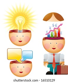 Office in mind. Little office man with chart diagram in his mind. Plus a little head with a big idea and another with chat messages inside.