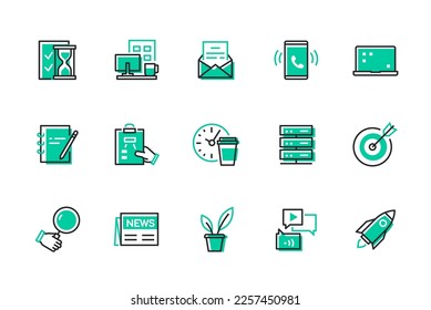 Office - modern line design style icons set. Business, workplace, efficient task, time management idea. Email, coffee break, target. Computer on the desk, smartphone, server, laptop. Newspaper, plant