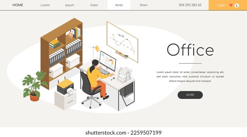 Office - modern vector colorful isometric web banner with copy space for text. A girl working at the computer online, sitting at the desk. Images of bookshelves, visual board. Workplace interior