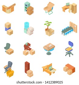 Office move icons set. Isometric set of 16 office move vector icons for web isolated on white background